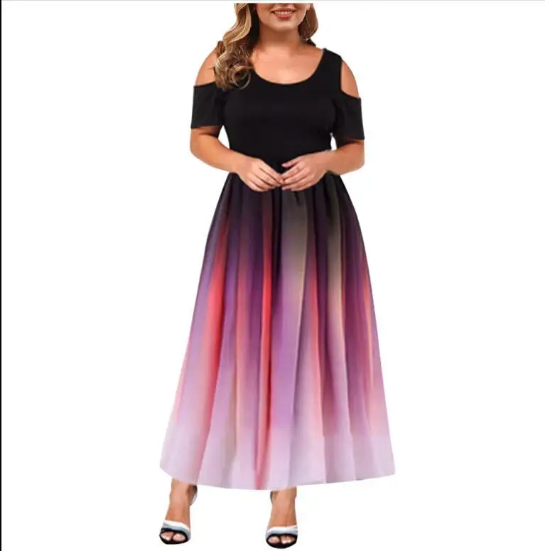 

2022 spring and summer new women's sexy beach style skirt short-sleeved loose large size printed long skirt temperament gradient