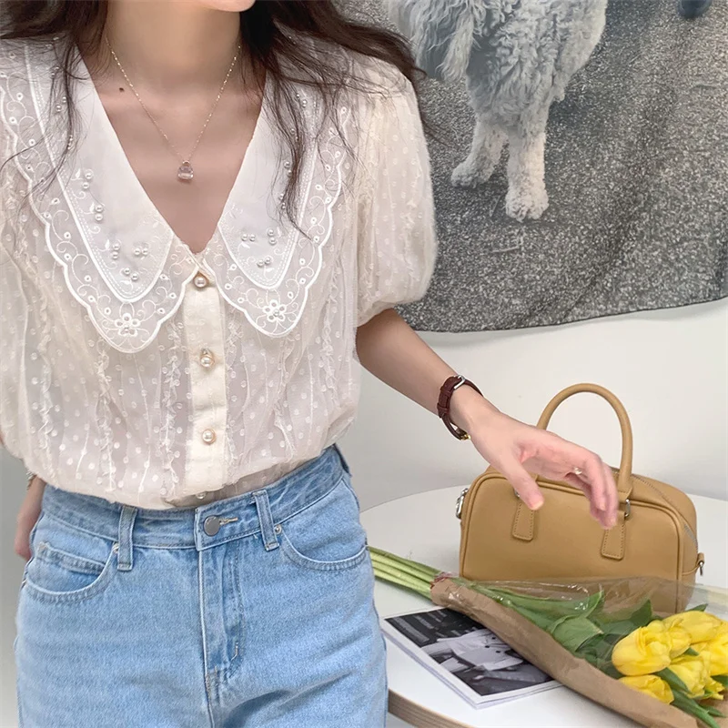 

French Apricot Romance Prom Lace 2021 Summer Pearls Hot Casual High Waist Shirts Chic Loose Streetwear Sweet Tops Blouses
