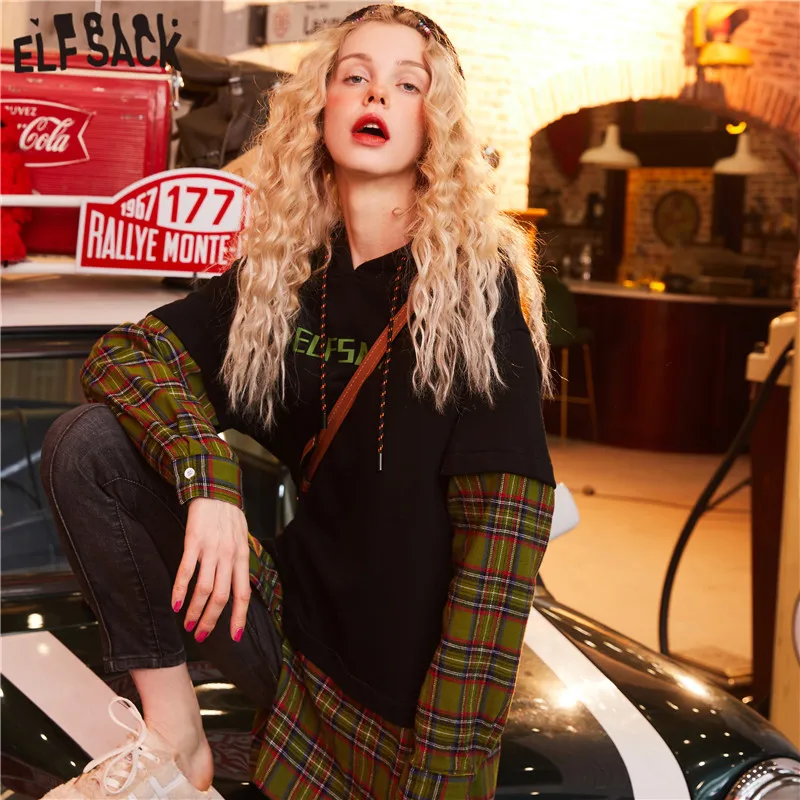 ELFSACK черный клетчатый Повседневный пуловер с капюшоном Женская толстовка зима 2020