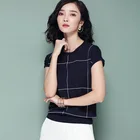 Вязаные пуловеры, женские свитера, летние корейские ледяные шелковые повседневные свободные клетчатые Женские топы с коротким рукавом и круглым вырезом для девушек