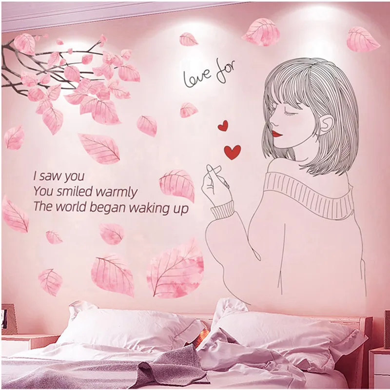

[shijuekongjian] PinkTree Leaves Wall Stickers DIY Cartoon Girl Wall Decals for Living Room Kids Bedroom Nursery Home Decoration