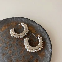 allnewme french white faux pearls c shape earring for women silver color metal irregular geometric hoop earrings oorbellen 2021