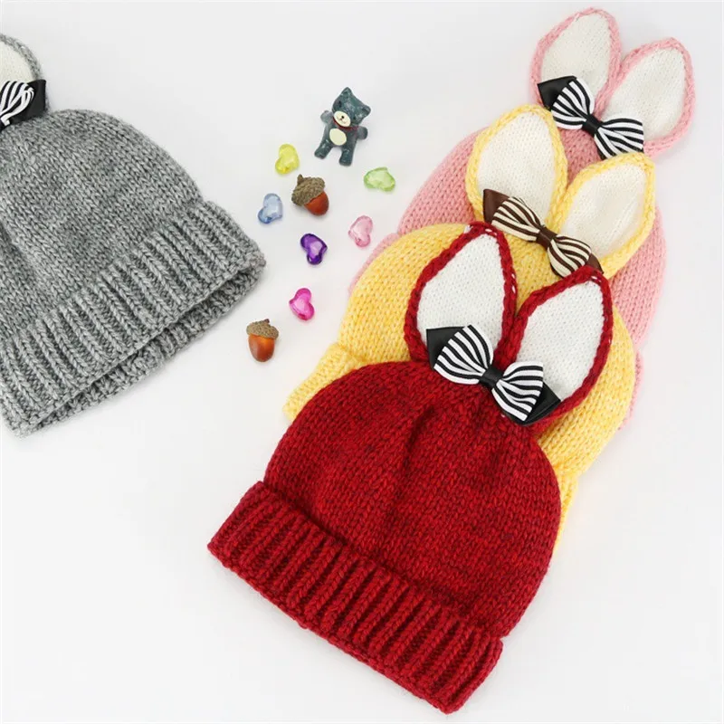 

Bowknot Bunny Ears Baby Cap Autumn Winter Hat for Girls & Boys Crochet Beanies Boys Caps Knit Elastic Toddler Hats