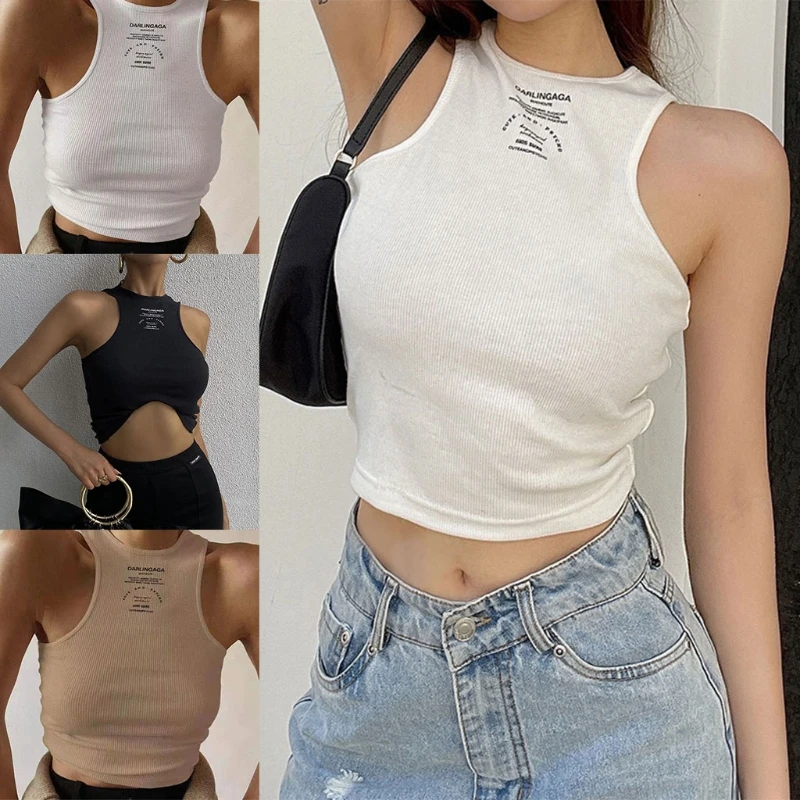 

Women Summer Sleeveless O-Neck Crop Tank Top Harajuku Letters Print Ribbed Knit Slim Mini Vest Sexy Racerback Streetwear