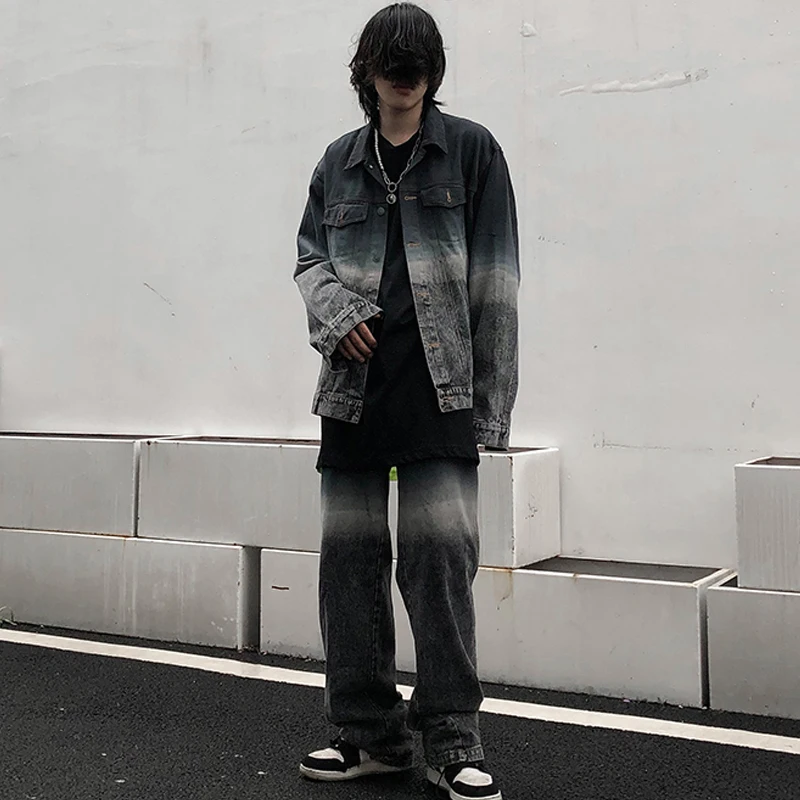 2 Pieces Sets Men Fashion Gradient Single Breasted Denim Jeans Jackets Coats and Zipper Straight Pants Joggers Streetwear Sets