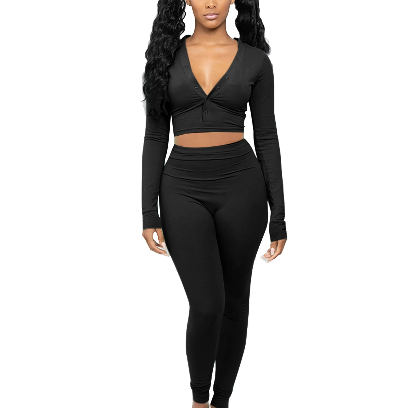 

Women's Long Sleeve Trouser Suit, Solid Color V-neck Sports Set, Casual High Waist Tight Outfits