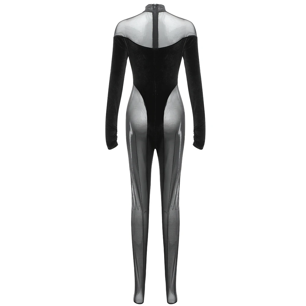 

Love Aing Sexy Perspective Stitching Velvet Mesh Bodycon Jumpsuit 2021 Spring New Round Neck Fashion Nightclub Club Jumpsuit