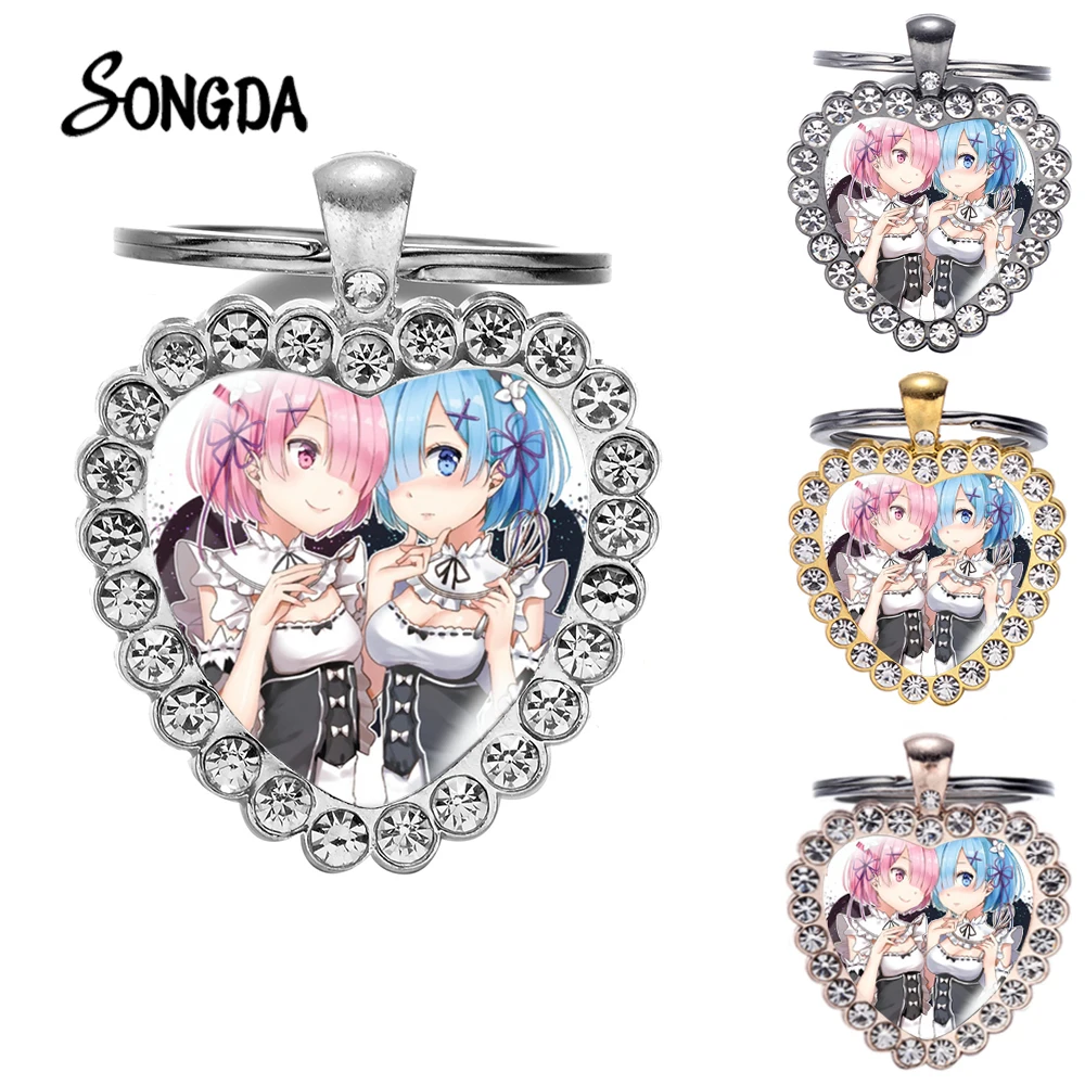Хит продаж Аниме RE:ZERO цепочка для ключей Emilia Rem Беатрис Стекло арт сердце брелок