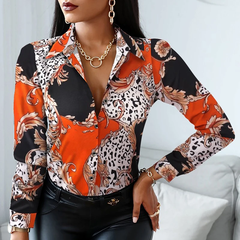 2021 Women Fashion Elegant Scarf Chain Print Button Design Shirt Long Sleeve Patchwork Spring Autumn Officewear Blouse Women