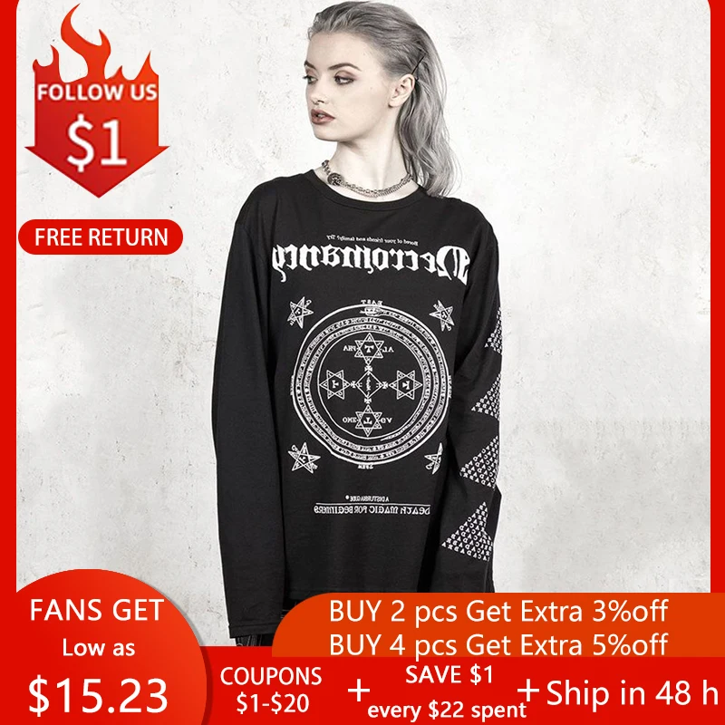 

Rosetic Women Autumn New Witch Print T-shirt 2021 Halloween Dark Gothic Tshirts Long Sleeve Punk Trend Black Straight Loose Tops