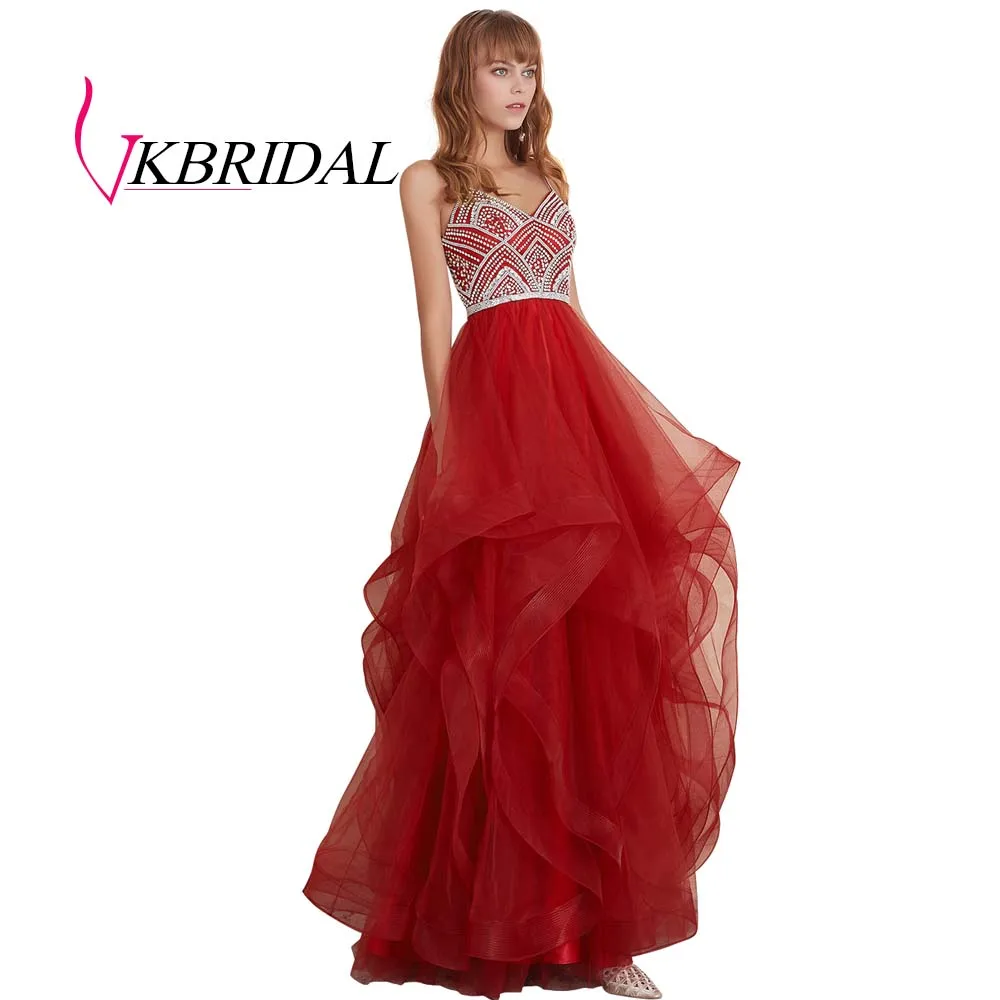 VKBRIDAL красные многоуровневые тюлевые платья для выпускного вечера новые Бальные платья с бисером и кристаллами официальное длинное вечернее платье - Цвет: Красный