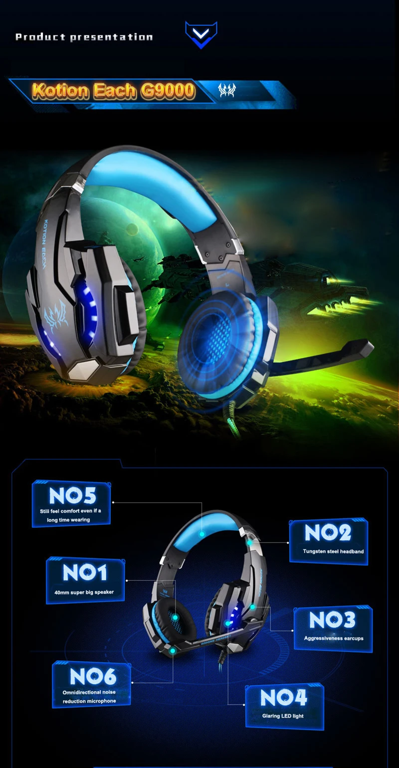 G9000 проводные наушники светодиодный светильник гарнитура игровые наушники для компьютера с микрофоном auriculares con кабель для PS4/Xbox One/PC