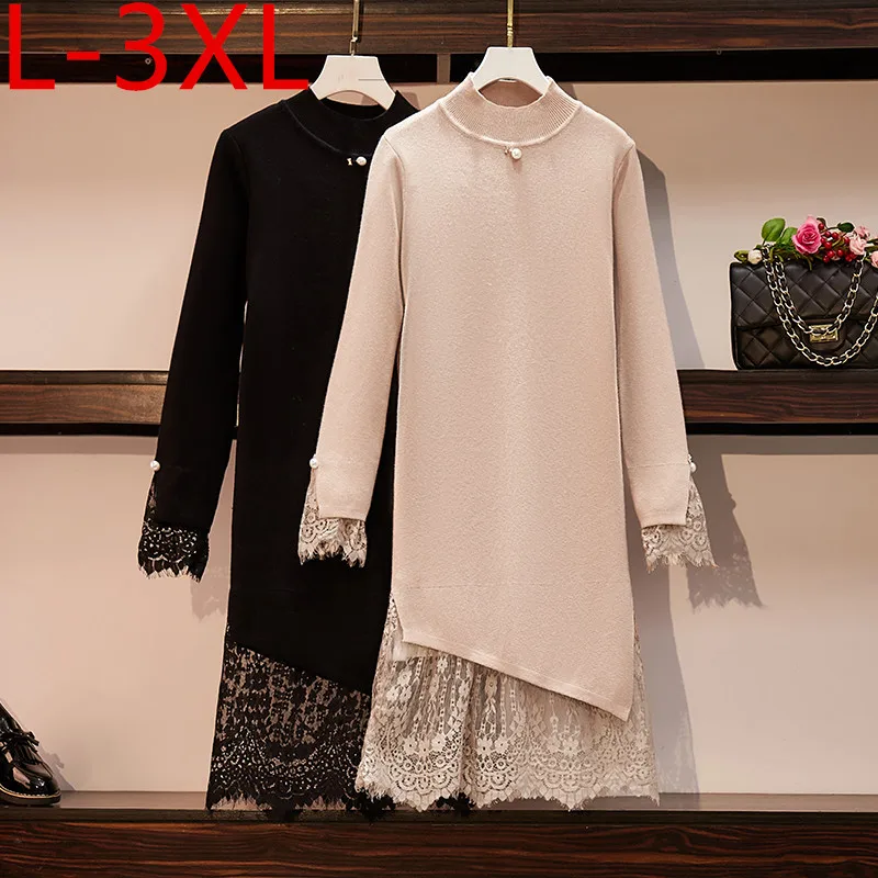 

Autumn Winter Plus Size Women Knitted Dress New Ladies Long Sleeves Lace Patchwork Knitting Female Casual Loose Dresses
