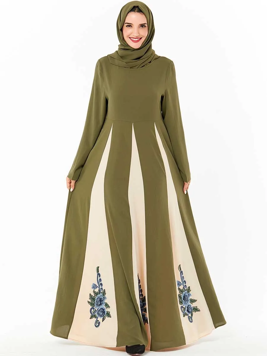 Muslim Dress Arabic Large Size Abaya Femme Caftan Marocain Green Embroidered Stitching Contrast Color Long Skirt | Тематическая