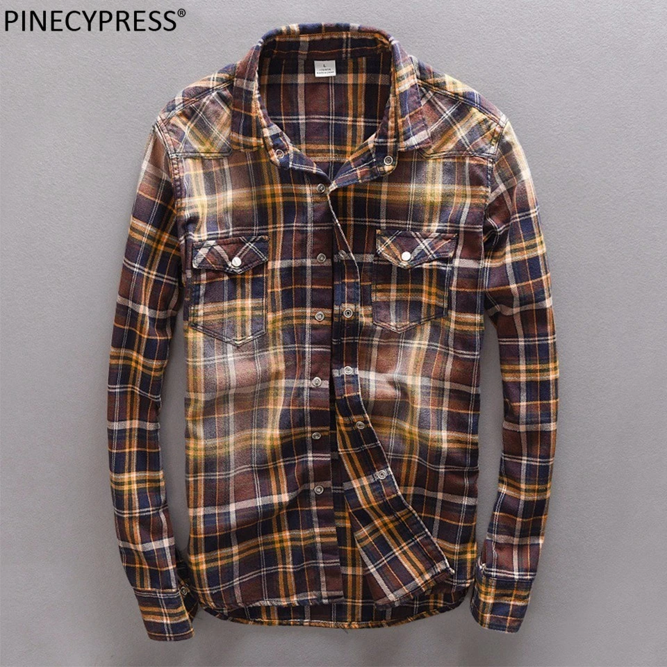 

Men Casual Shirt 100% Cotton Anti-static Soft Plaid Check Blue Camel Red Pockets Quality Full Fashion Man Long Sleeve Shirts