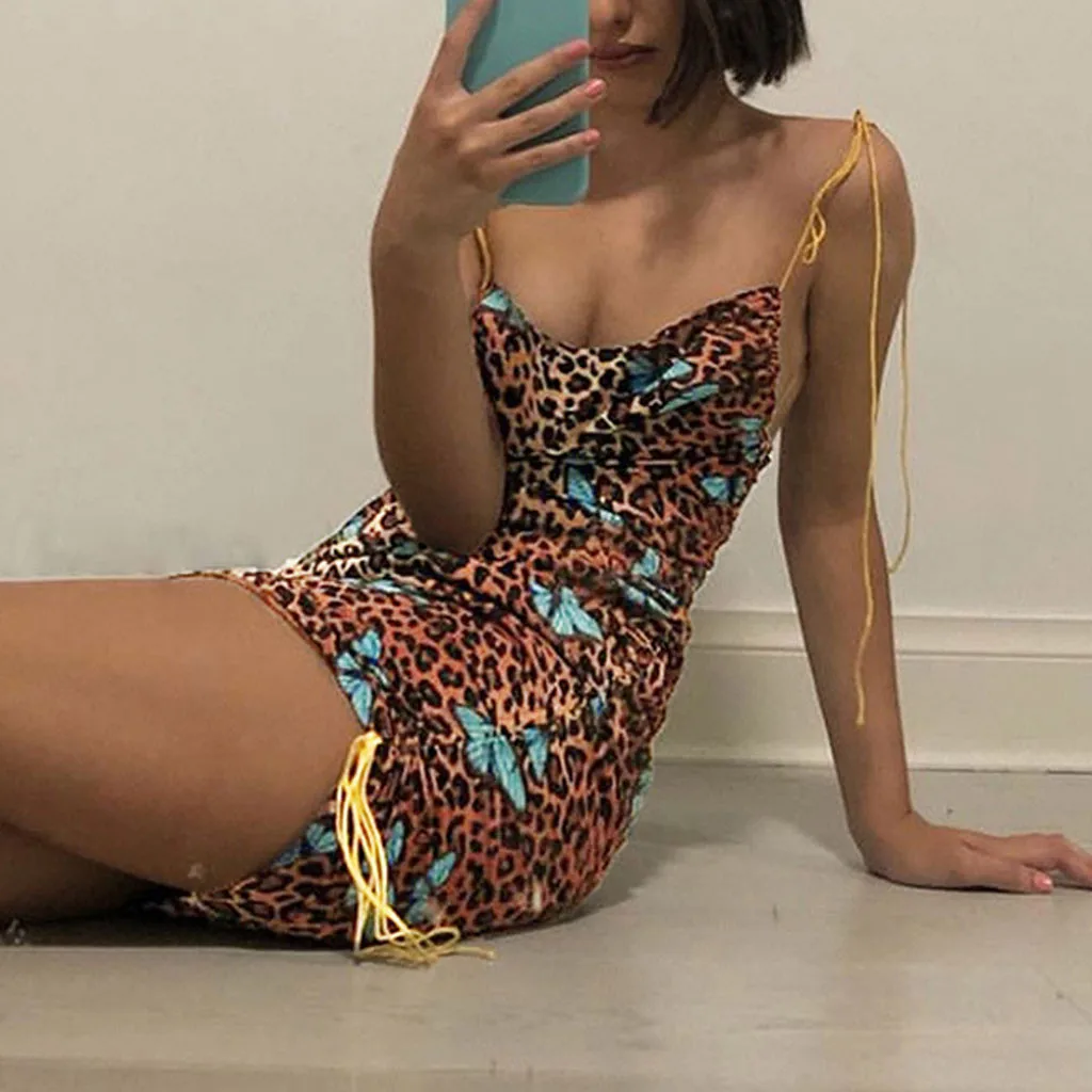 2020 leopard print backless sexy bodycon mini dress summer women fashion slash neck slip party streetwear clothes | Женская одежда