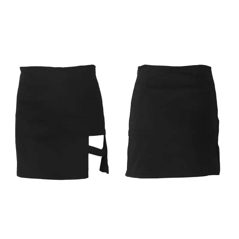 

Womens Summer Cotton Sexy Mini Pencil Skirt High Waisted Hollow Out Asymmetric Solid Color Metal Ring Decor Package Hip Cocktail
