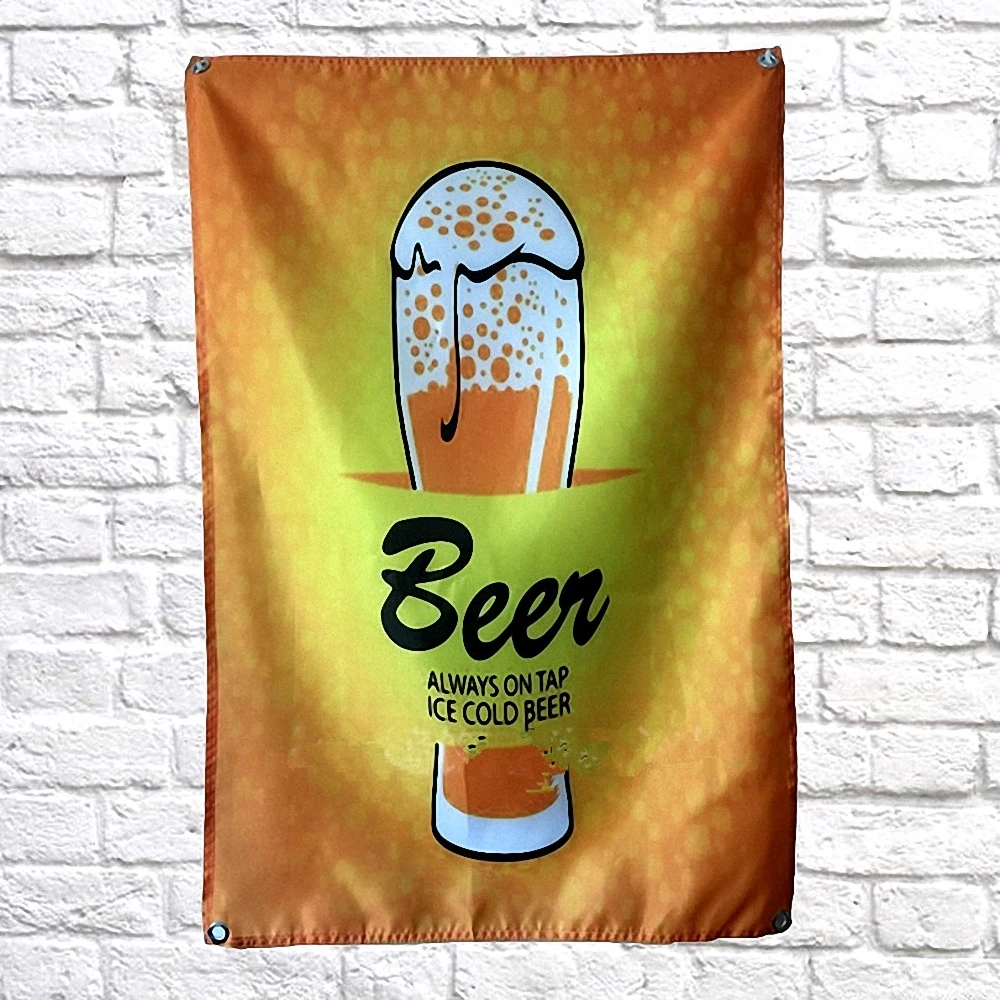 

ALWAYS ON TAP ICE COLD BEER Poster Banner Vintage Beer Day Flag Hanging Chart For Bar Pub Home Decor Tapestry Wall Signs Mural