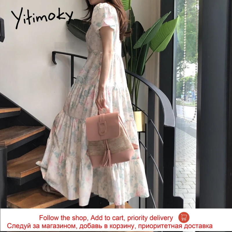 

Yitimoky Vintage Dresses Women Square Collar Puff Sleeve Cotton 2021 Summer New Floral Printing Bohemia A-line Long Dress