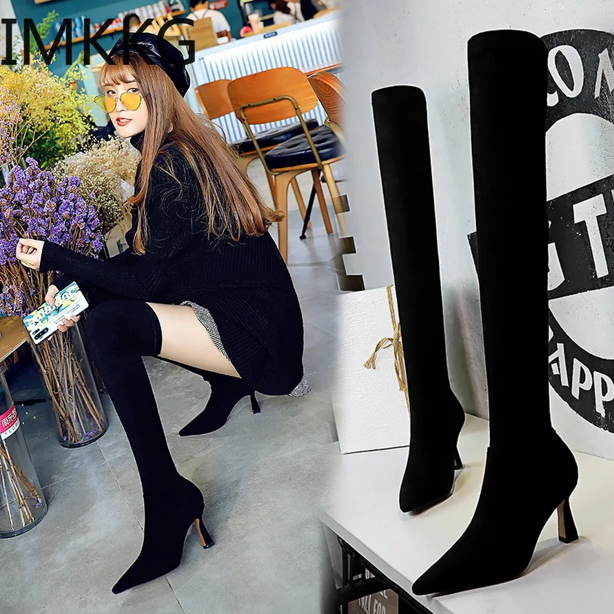 Ботфорты женские на высоком каблуке пикантная обувь сапоги до колена шпильке