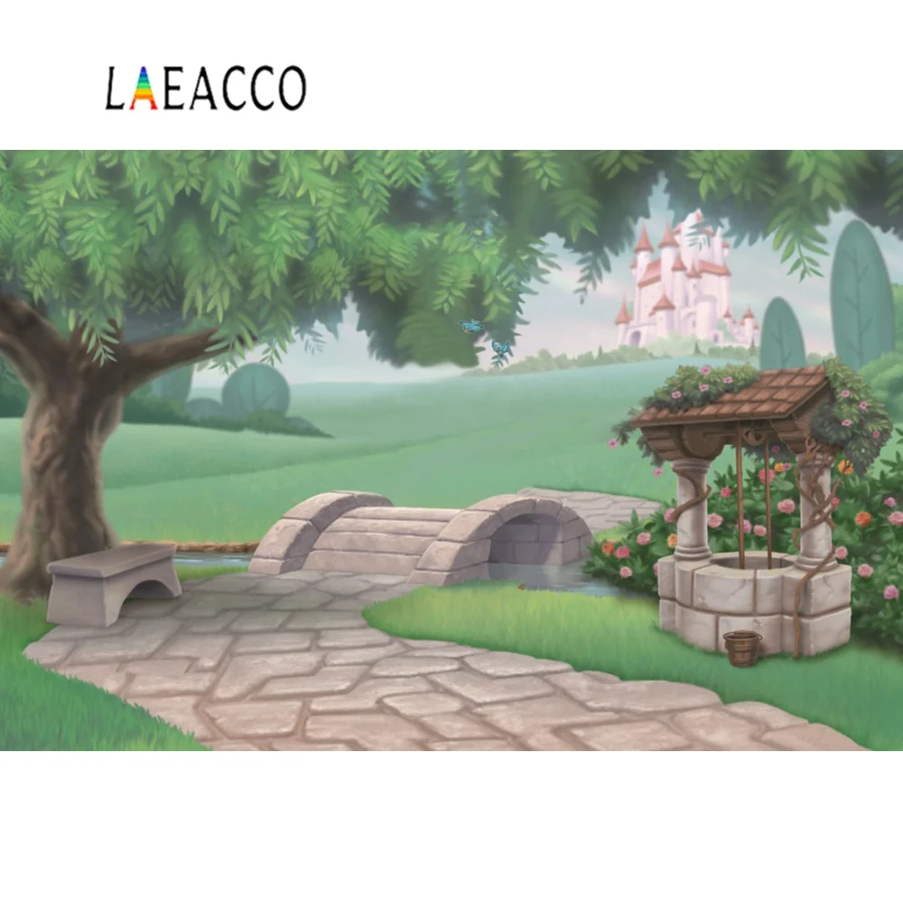 Laeacco фоны для фотосъемки сказочный замок зеленое дерево мост цветок живописные