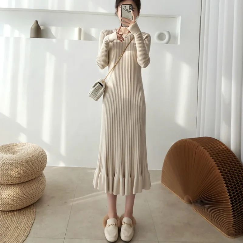 Осенне-зимнее трикотажное женское Элегантное Длинное офисное платье с круглым