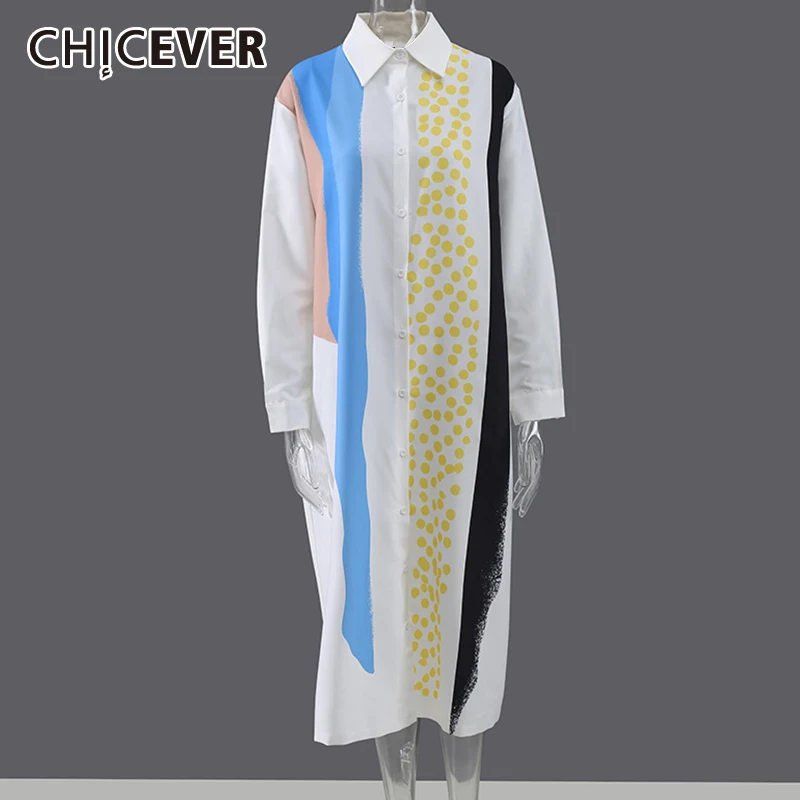 

CHICEVER Print Colorblock Straight Dress For Women Lapel Collar Long Sleeve Loose Oversized Midi Dresses Female Korean Fashion