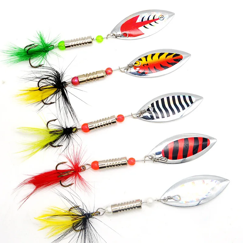 Fishing Lure Spinner Bait Rotation Sequins Metal Spoons Feather Jig Hook Artificial Lures Bass Culter 5 Pieces Set | Спорт и