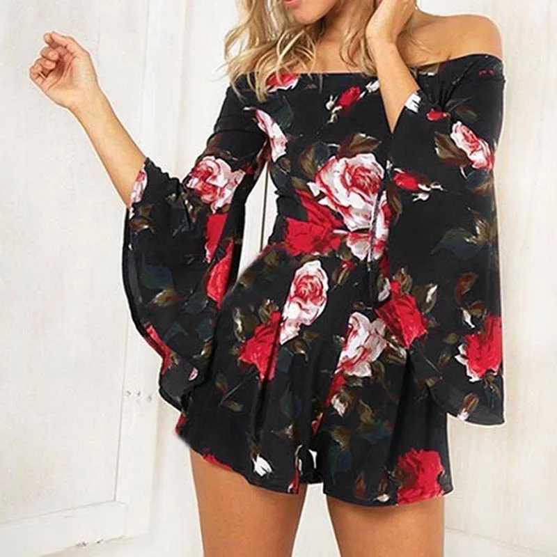 

Pop Sexy Women Floral Print Long Ruffle Sleeve Jumpsuit Off Shoulder Boho Summer Beach Romper Pop 88