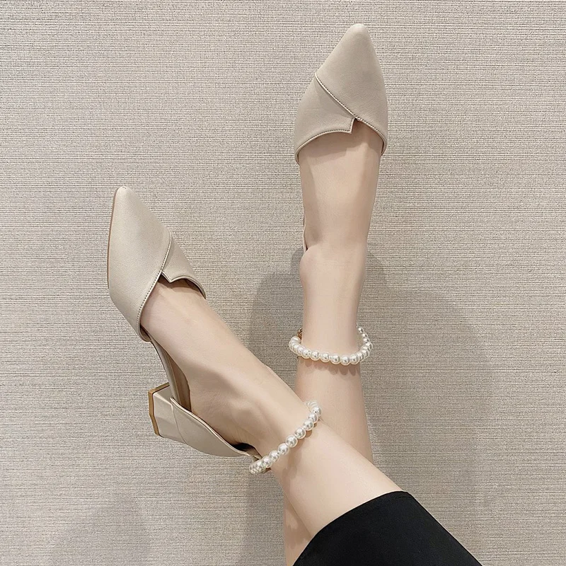 

Fashion Womens Shoes 2021 Pearl Sandals High Heels Buckle Strap All-Match Suit Female Beige Med Luxury Comfort Closed High-heele