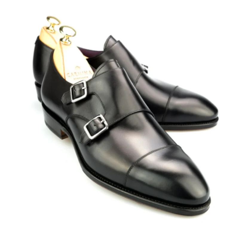 

Men's Black PU Double Buckle Monk Loafers Low Heel Comfortable Non-slip Wear-resistant Classic All-match Business Casual 4KD001