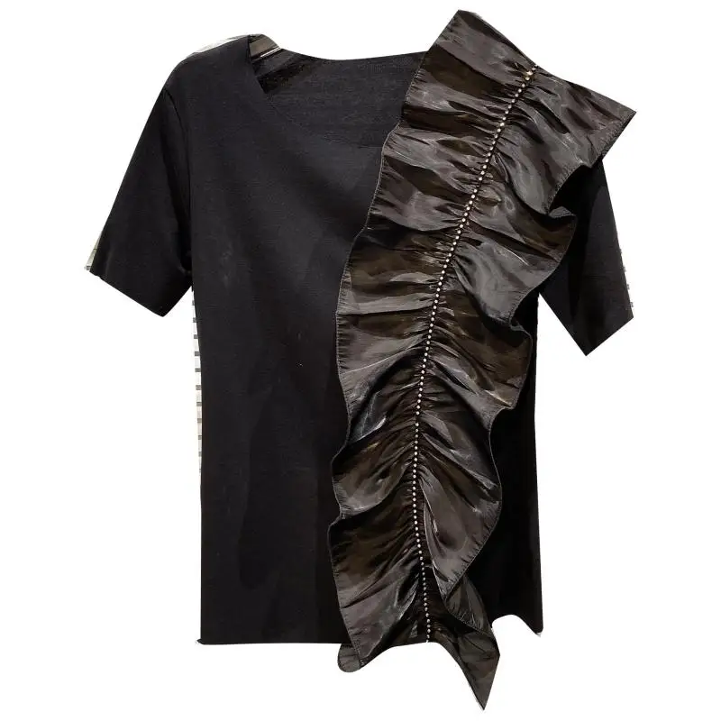 

2021 Summer New Lace Rhinestone Stitching Short Sleeve T-shirt Women Ruffles Loose T-shirts T Black White Casual Tshirt Tee Top