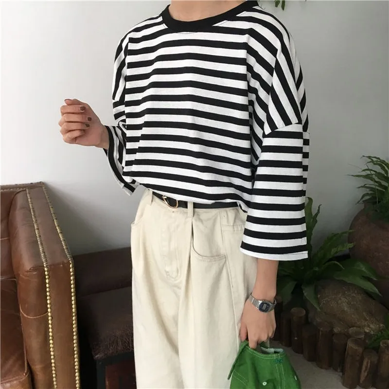 Летняя футболка для женщин в полоску повседневные футболки Harajuku с короткими