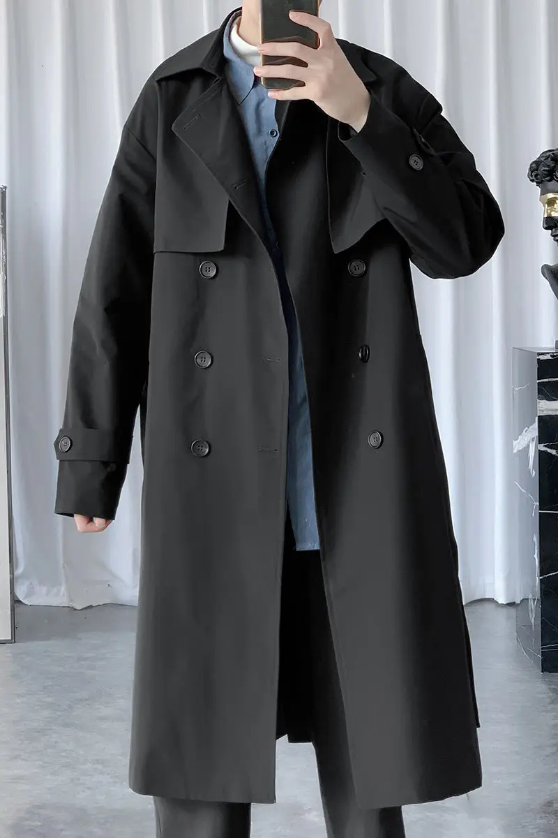 

Autumn Korean Style Trench Men's Fashion Solid Color Casual Long Coat Men Streetwear Loose Windbreaker Jacket Mens Overcoat