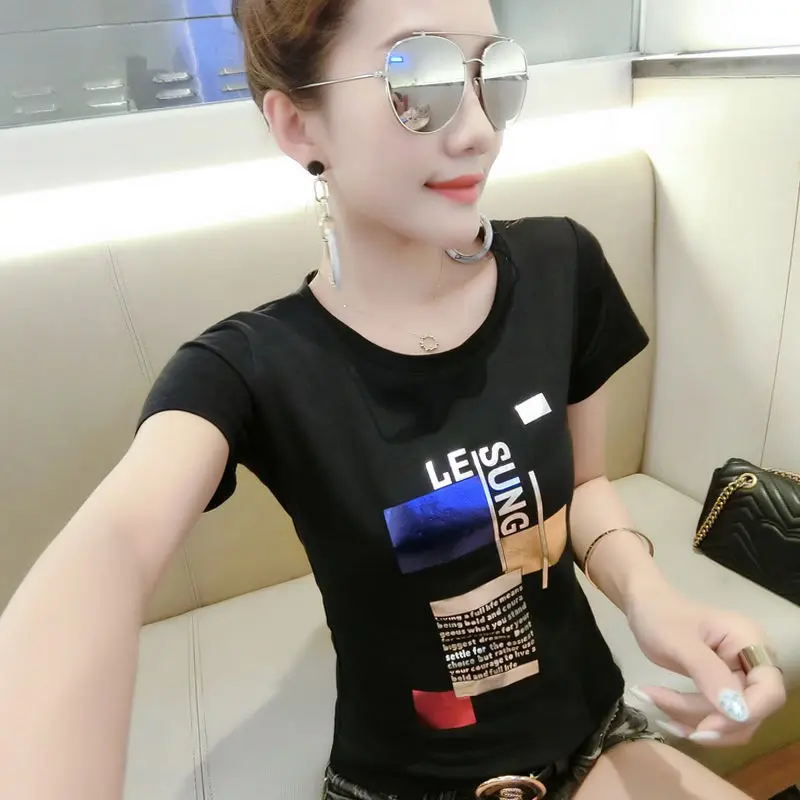 

Short sleeve women's 2021 new white Joker summer T-shirt top slim slim half sleeve shirt bronzing small shirt tide