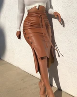 sexy slim pu leather womens leather midi skirt high waist button trim slim solid color slit bodycon pencil skirt with belt