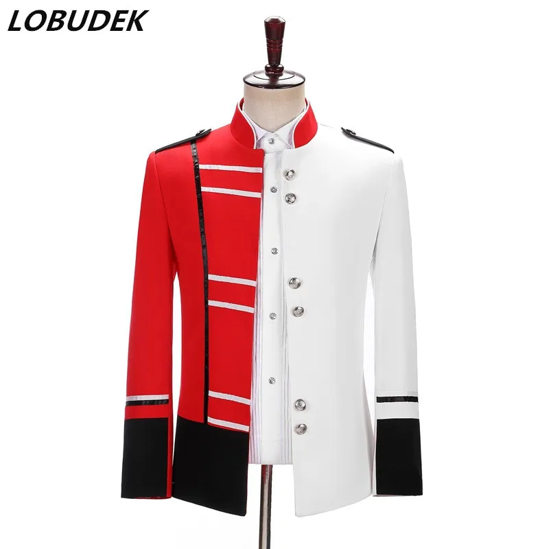 Men Splice Design Red White Stand Collar Blazers European Court Stage Military Uniform Costume Bar Singer Host Performance Coat