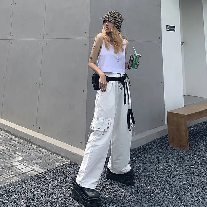

HOUZHOU Harajuku Punk Black Cargo Pants Women Gothic Chain White Wide Leg Trousers Female Hippie Street Style Emo Mall Goth