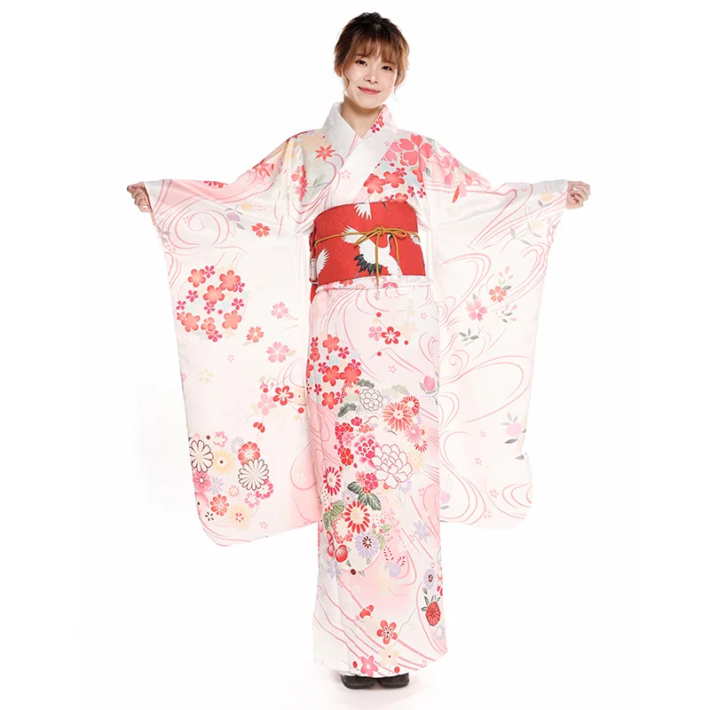 Women's Japanese Traditional Long Sleeve Kimono Beautiful Pink Floral Prints Formal Yukata Cosplay Wear Performing Dress |