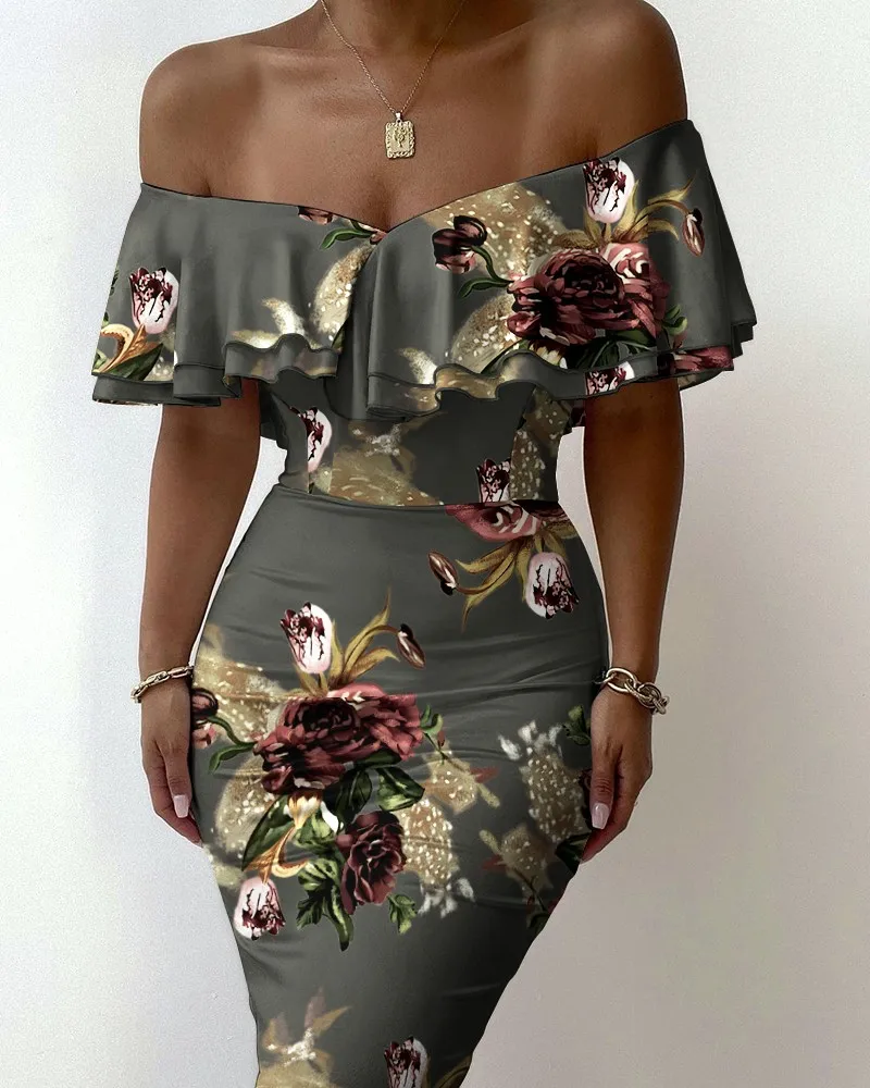 

Sexy Women's Off Shoulder Dress 2021 Summer New Fashion Off Shoulder Lotus Leaf Print Dress Casual Female Dresses