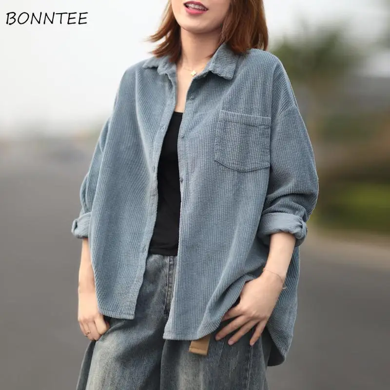 

Shirts Women Retros Ins Korean Style Vintage Casual Loose Simple Solid Corduroy Long Sleeve Tops Spring Autumn All-match Couples