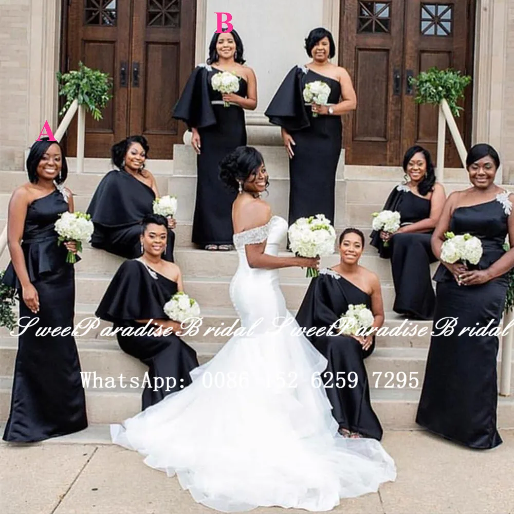 

Черные платья подружки невесты с аппликацией на одно плечо 2020 платья длиной до щиколотки платье-Русалка для выпускного вечера Свадебная ве...