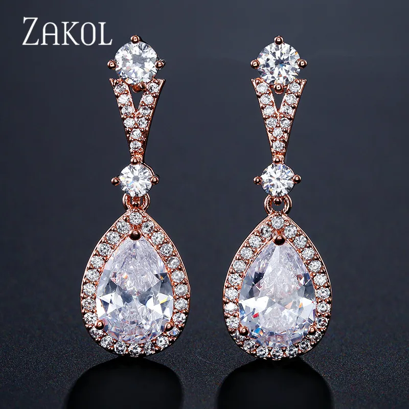 Rose Gold Color ZAKOL, новинка, модные серьги-капли с фианитами для женщин, модные ювелирные изделия в виде капли воды, очаровательные серьги для свадебной вечеринки, женские подарки FSEP2182 - Окраска металла: Rose Gold Color