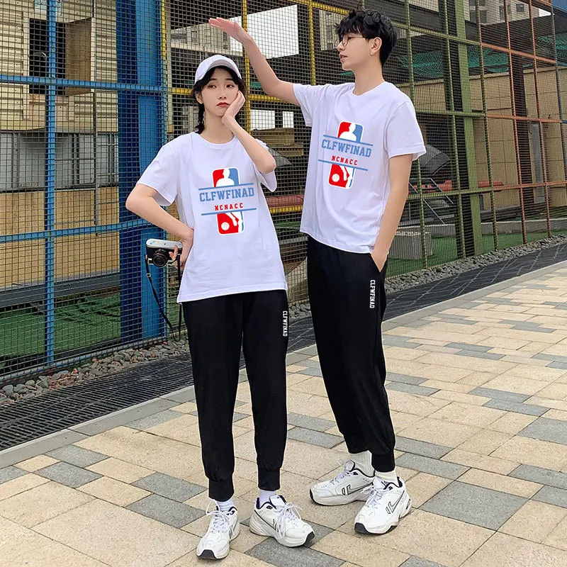 

Couple's casual suit 2021 summer new Tianzhu cotton T-shirt loose print suit