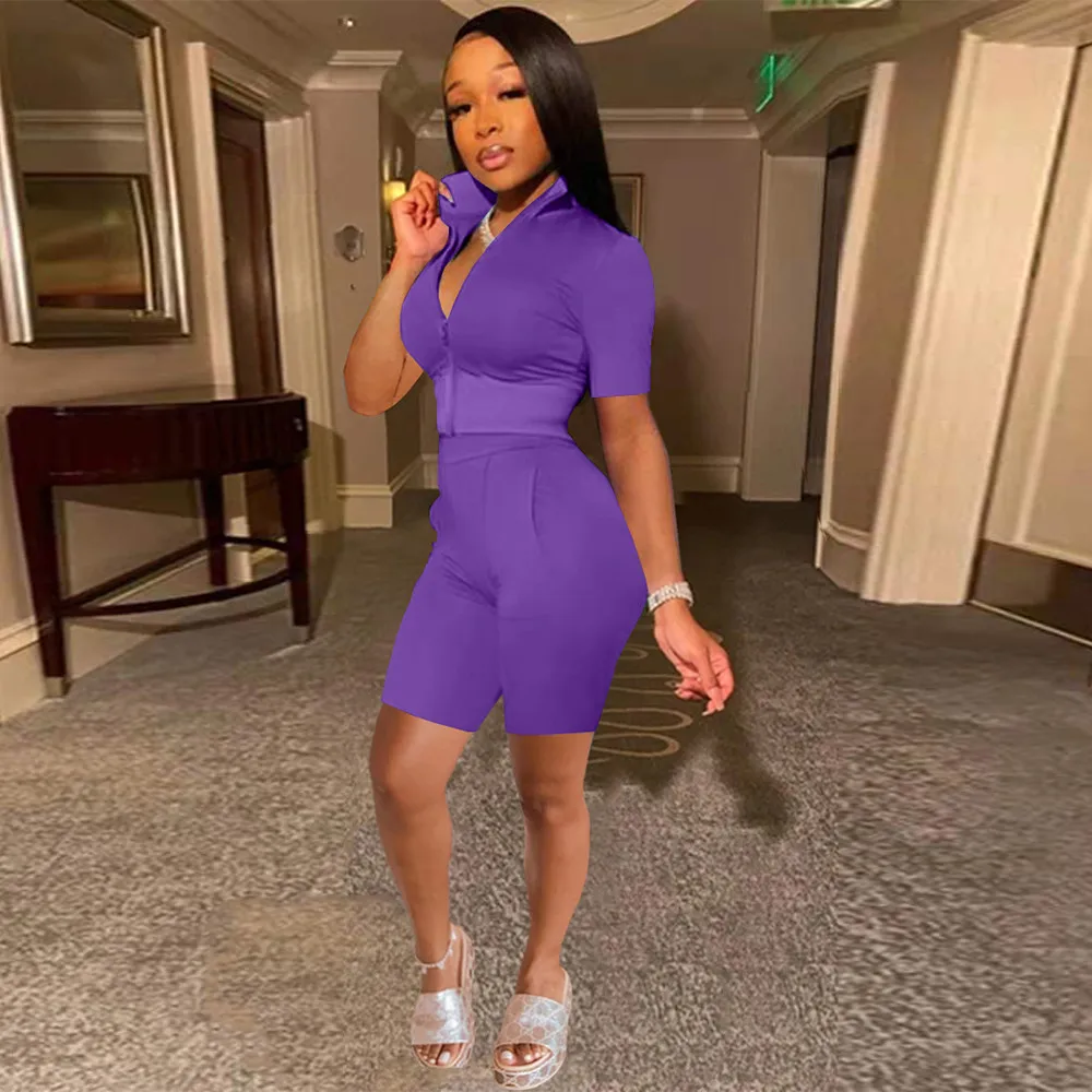 

Твердые одежды из 2 изделий комплект из двух предметов женская повседневная обувь на молнии с коротким рукавом Топ и Bodycon байкерские коротки...