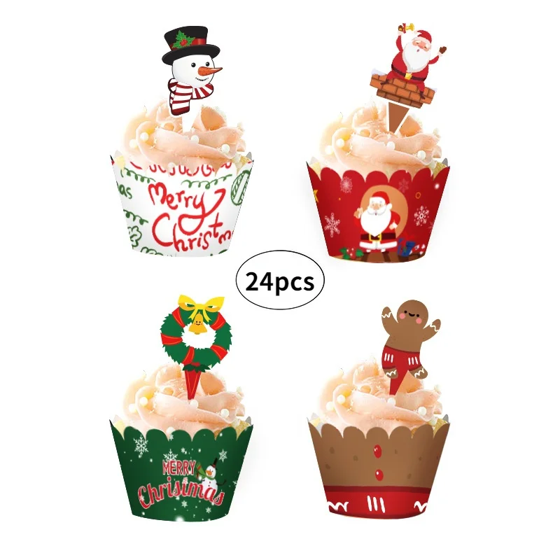 

24pcs Christmas Cake Topper Cute Cartoon Santa Claus Cupcake Toppers Merry Christmas Cake Wrapper Baking Party Decoration