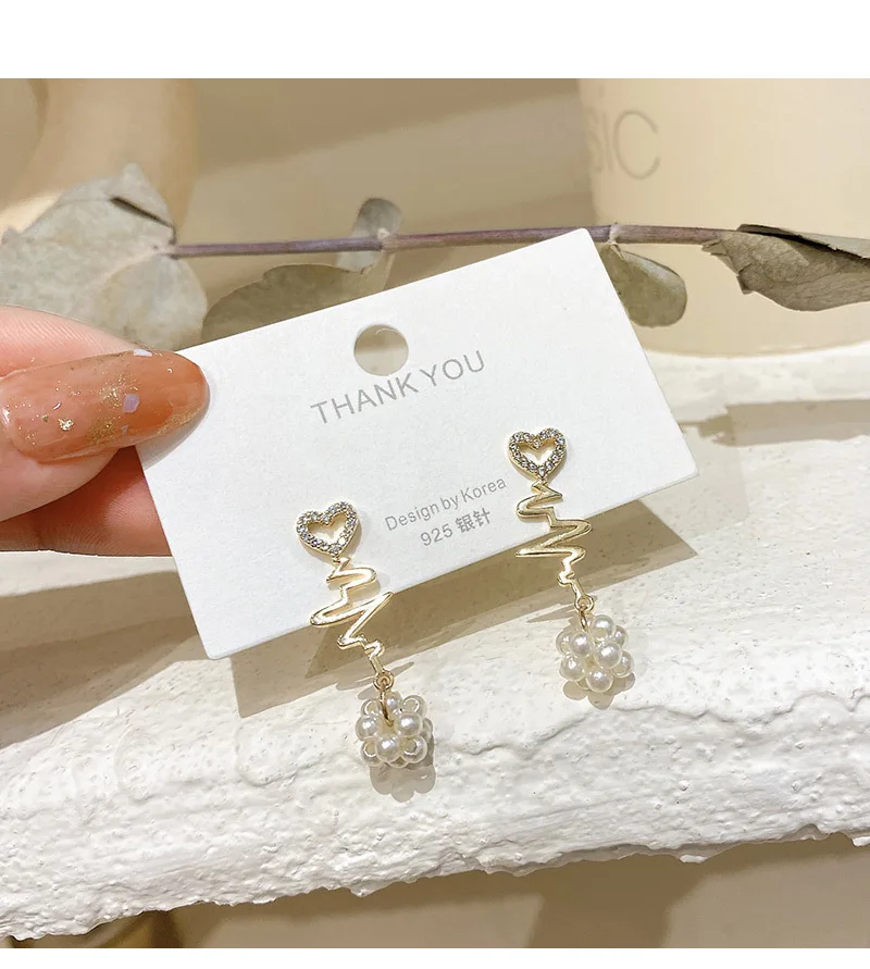 

New Arrival Heart Pearl Post Long ECG Earrings S925 Silver Needle Hot Sale Ear Jewelry For Women Girls