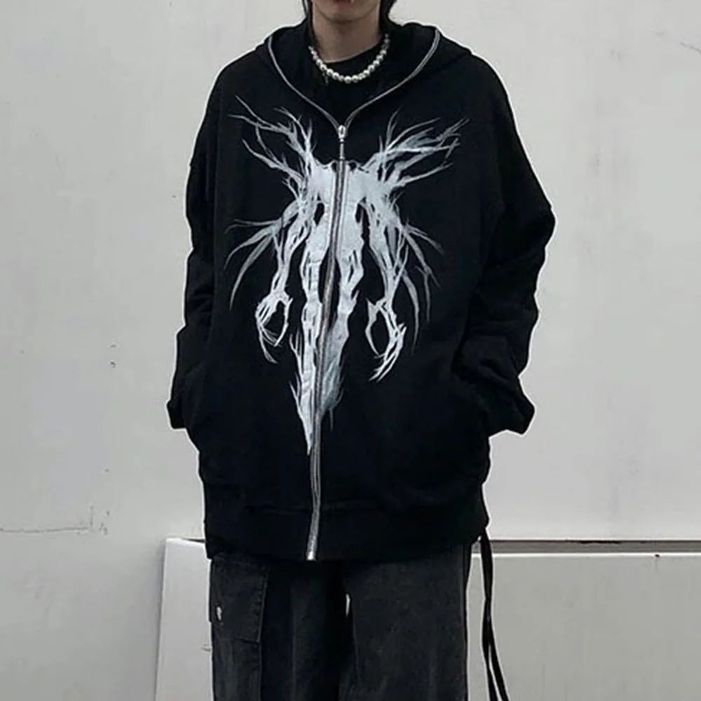 Свободная толстовка с капюшоном женская модная темная куртка на молнии принтом