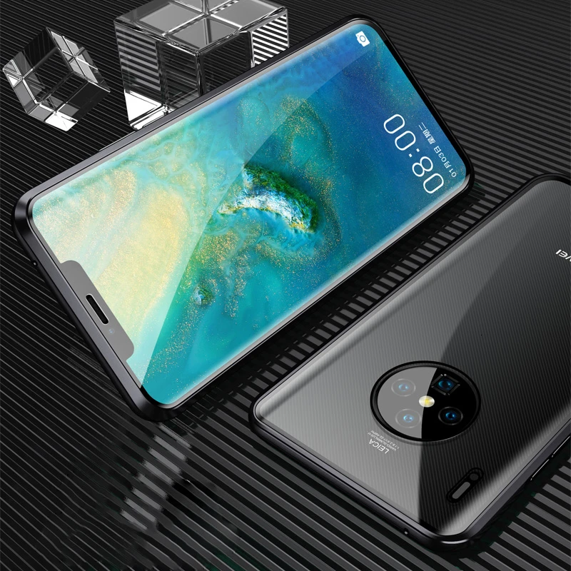 360 магнитный металлический бампер чехол для телефона huawei mate 10 20 30 Pro P30 P20 Pro Lite y9 Чехол двусторонний закаленное стекло - Цвет: Black