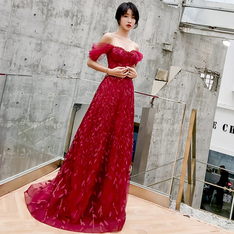 

Evening Dress Burgundy Bling Strapless Off Shoulder Sleeves Floor-length A-line Plus size Customized Women Formal Dresses A027